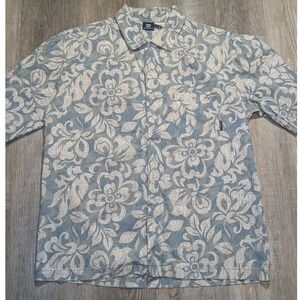 Billabong Mens Large Floral Hawaiian Button Up Shirt Blue Cream Short Sleeve